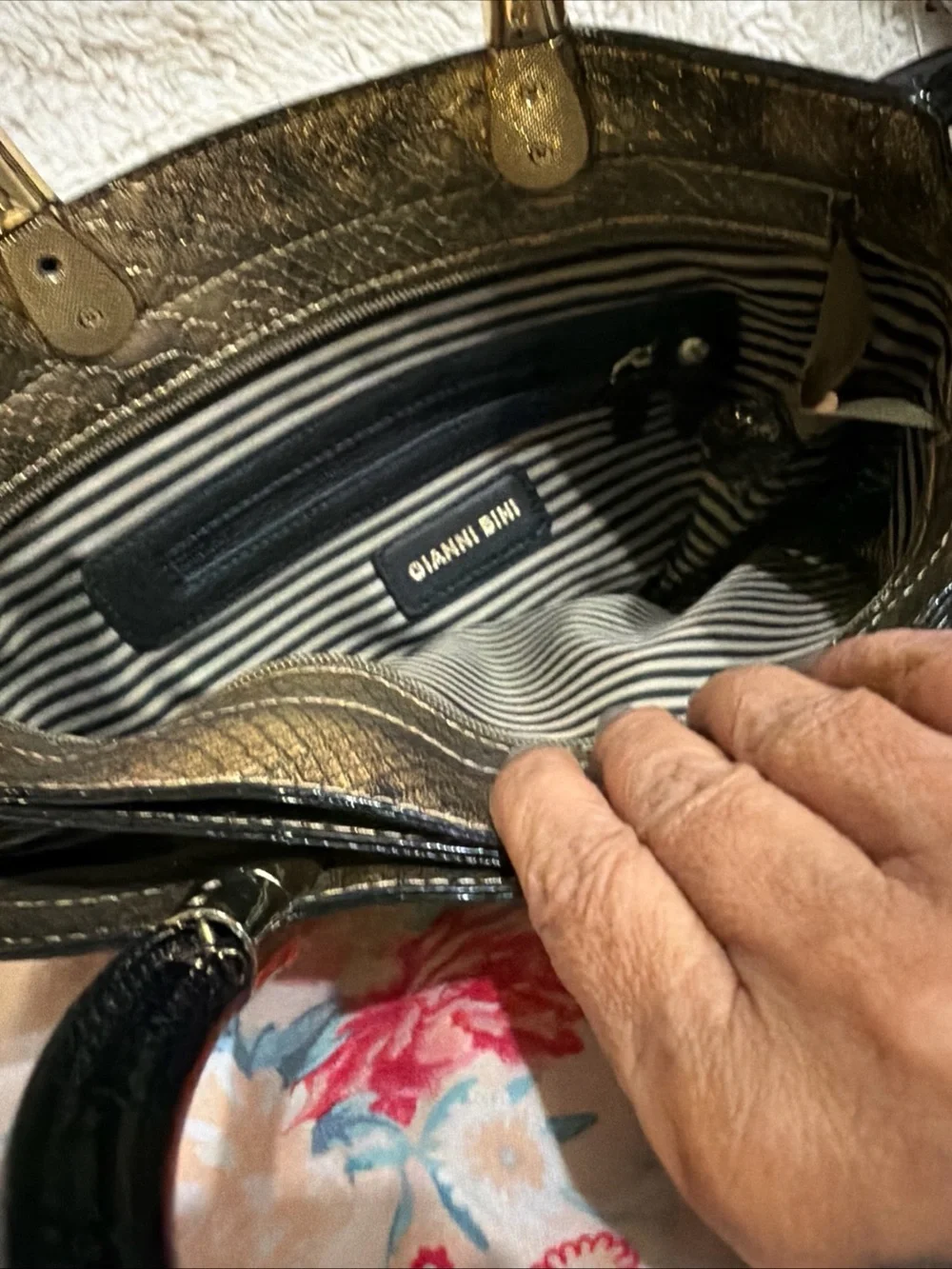 Gianni Bini Gold Snake-Texture Satchel Handbag with Black Accents